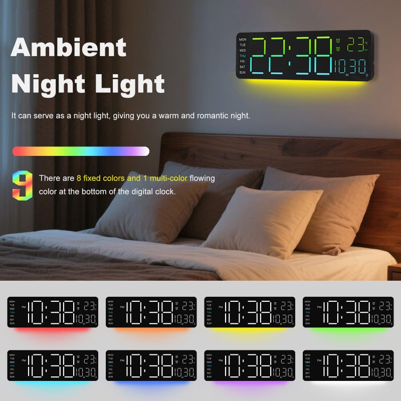 JoFomp LED Digital Clock Large Display with RGB Color Remote Control, 13" Large Digital Wall Clocks for Living Room Decor, Digital Alarm Clock with Temp/Timer/DST/Dimmer/Ambient Light - 12/24H - Image 3