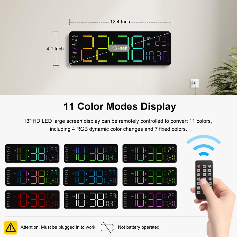 JoFomp LED Digital Clock Large Display with RGB Color Remote Control, 13" Large Digital Wall Clocks for Living Room Decor, Digital Alarm Clock with Temp/Timer/DST/Dimmer/Ambient Light - 12/24H - Image 2