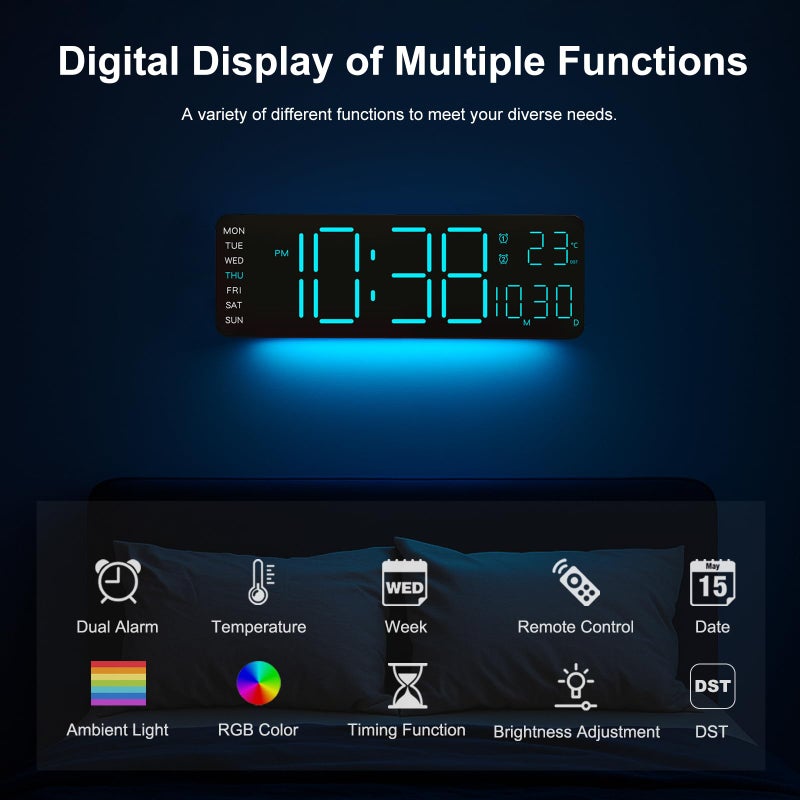 JoFomp LED Digital Clock Large Display with RGB Color Remote Control, 13" Large Digital Wall Clocks for Living Room Decor, Digital Alarm Clock with Temp/Timer/DST/Dimmer/Ambient Light - 12/24H - Image 4