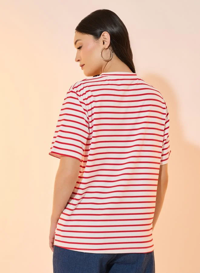 Take Two Stripes Slogan Print Round Neck Oversized T-Shirt