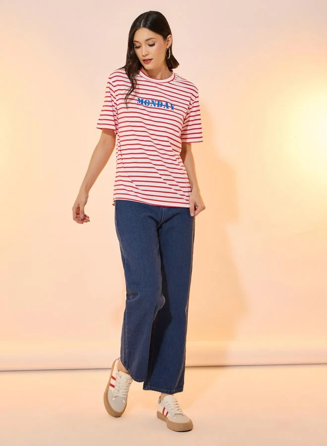 Take Two Stripes Slogan Print Round Neck Oversized T-Shirt