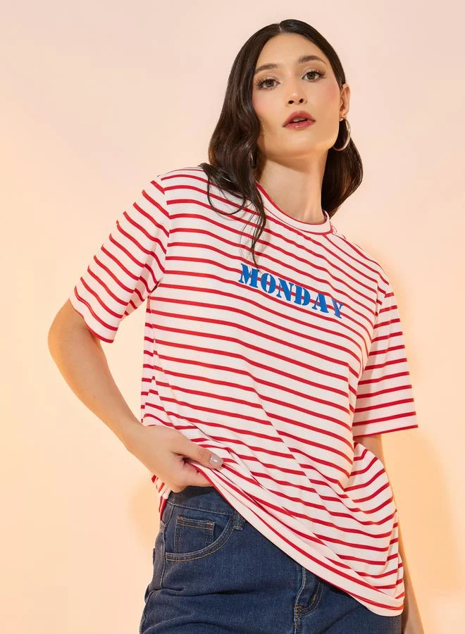 Take Two Stripes Slogan Print Round Neck Oversized T-Shirt