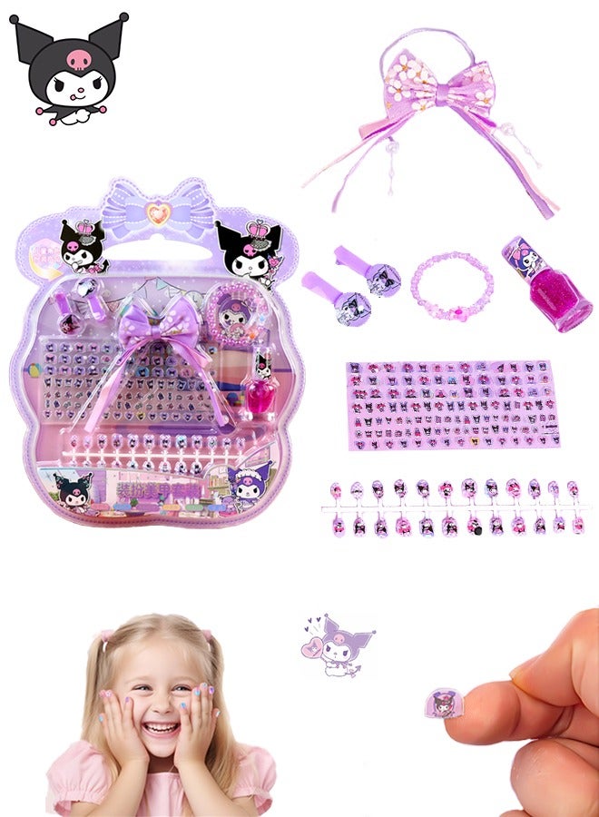 Sanrio 140-Piece False Nail Set, Kids Press on Nails Grils, Kids Makeup Toys, Self Adhesive Fake Nails, Multicolour - Image 1