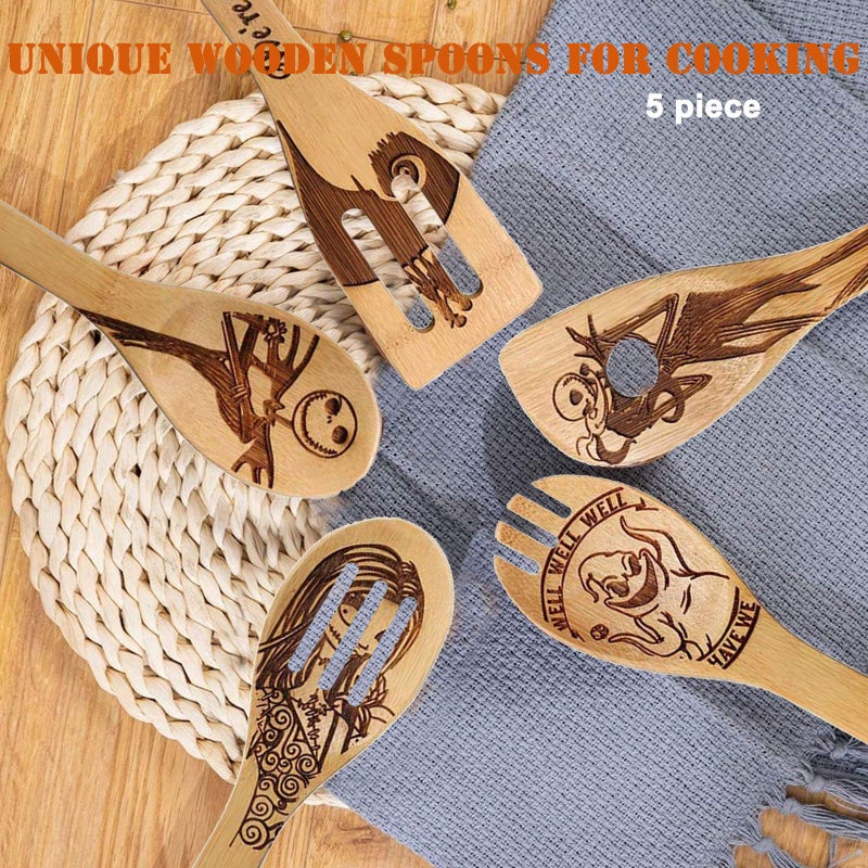 FUTERLY Jack Skellington Wooden Spoons for Cooking Utensils Set - Magic Pattern Burned Spatulas Kitchen Utensil Set for Kitchen Decor,Nightmare Before Christmas GiftS for Fans and Friends - Image 5