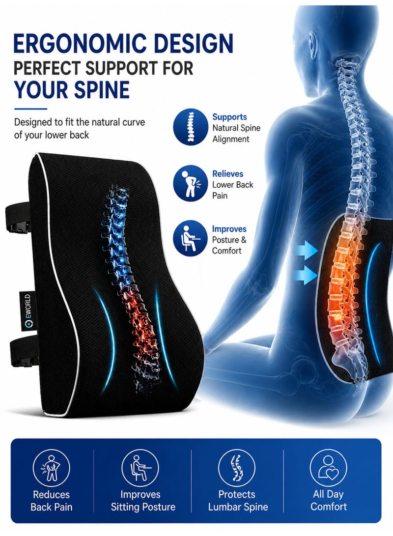 Eworld Ergonomic Lumbar Support Cushion for Office Chair & Car Seat – Memory Foam Back Support Pillow, Breathable Mesh, Adjustable Strap, Lower Back Pain Relief, Posture Corrector for Home & Travel - Image 2