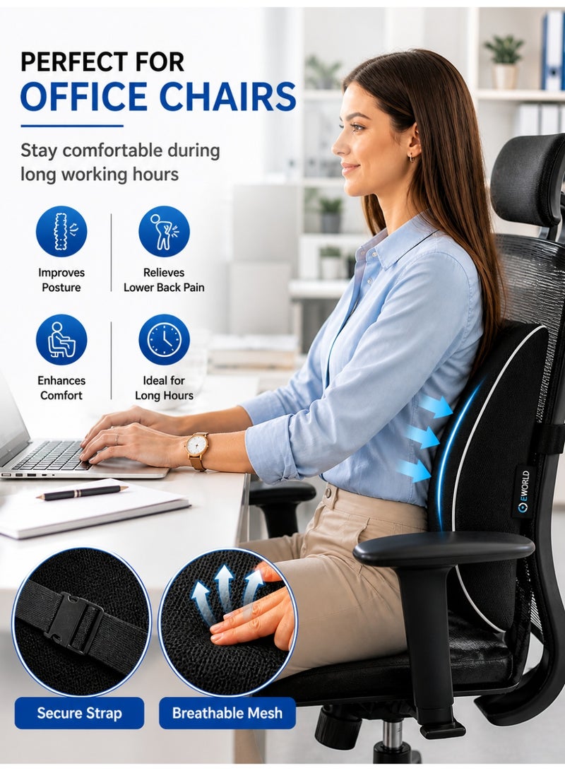 Eworld Ergonomic Lumbar Support Cushion for Office Chair & Car Seat – Memory Foam Back Support Pillow, Breathable Mesh, Adjustable Strap, Lower Back Pain Relief, Posture Corrector for Home & Travel - Image 3