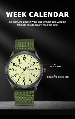 Gosasa Unisex Military Watches Sports Textile Nylon Strap Stylish Men Watch Luminous Fashion Watches Analog Display Quartz Waterproof Casual Wristwatch (L-Green Luminous) - Image 3
