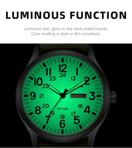 Gosasa Unisex Military Watches Sports Textile Nylon Strap Stylish Men Watch Luminous Fashion Watches Analog Display Quartz Waterproof Casual Wristwatch (L-Green Luminous) - Image 5