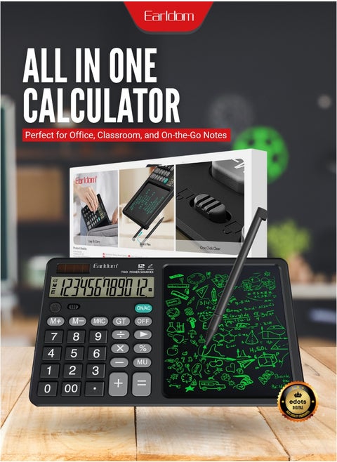 Portable Desk Calculator with Notepad & Stylus – 12-Digit Large Display, Multifunctional for Office, School, Home & Everyday Use (Black)