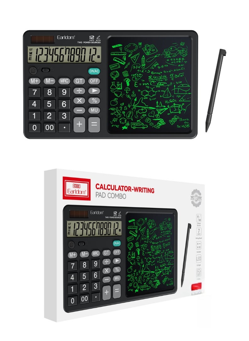 Portable Desk Calculator with Notepad & Stylus – 12-Digit Large Display, Multifunctional for Office, School, Home & Everyday Use (Black)