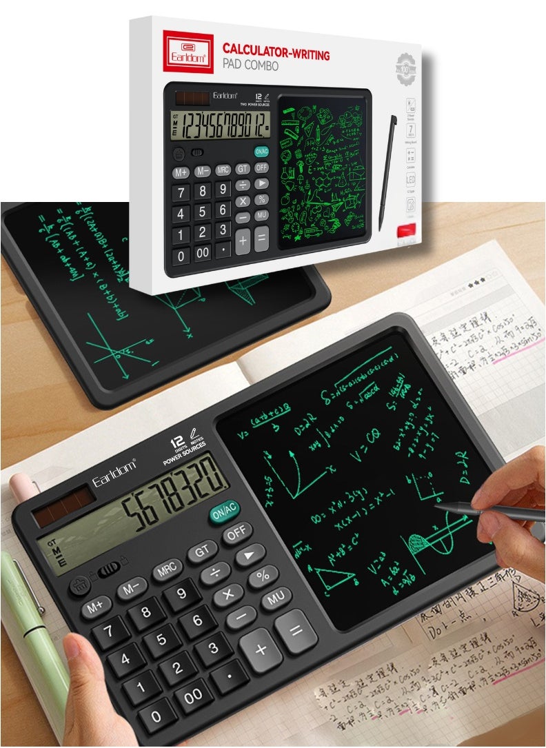 Portable Desk Calculator with Notepad & Stylus – 12-Digit Large Display, Multifunctional for Office, School, Home & Everyday Use (Black)
