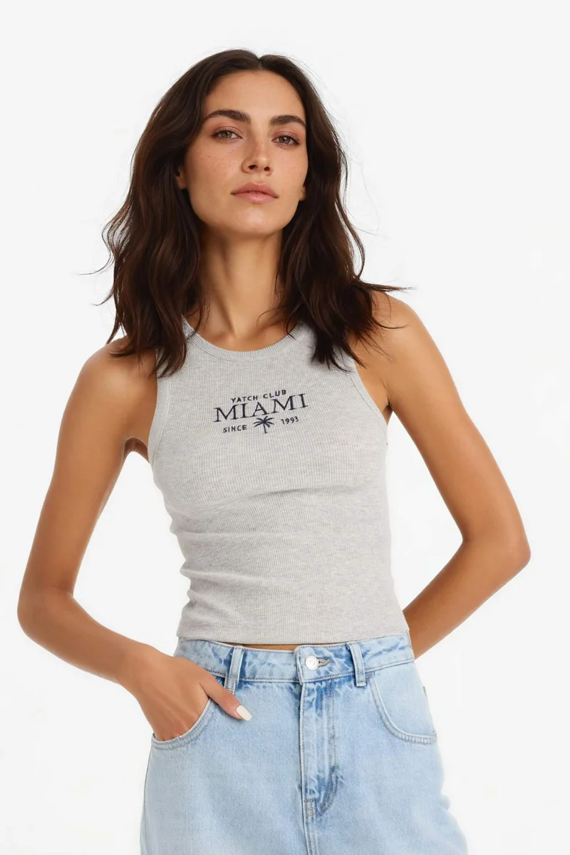 Defacto Slim Fit Printed Halter Neck Ribbed Crop Top