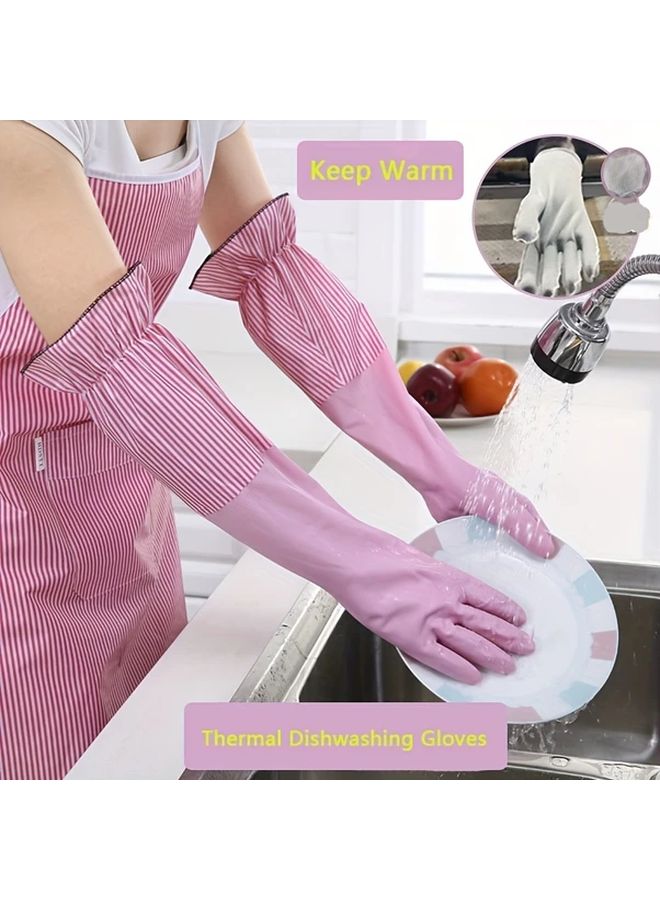 Pink Long Thermal Waterproof Non Slip Kitchen Bathroom Cleaning Gloves - Image 2