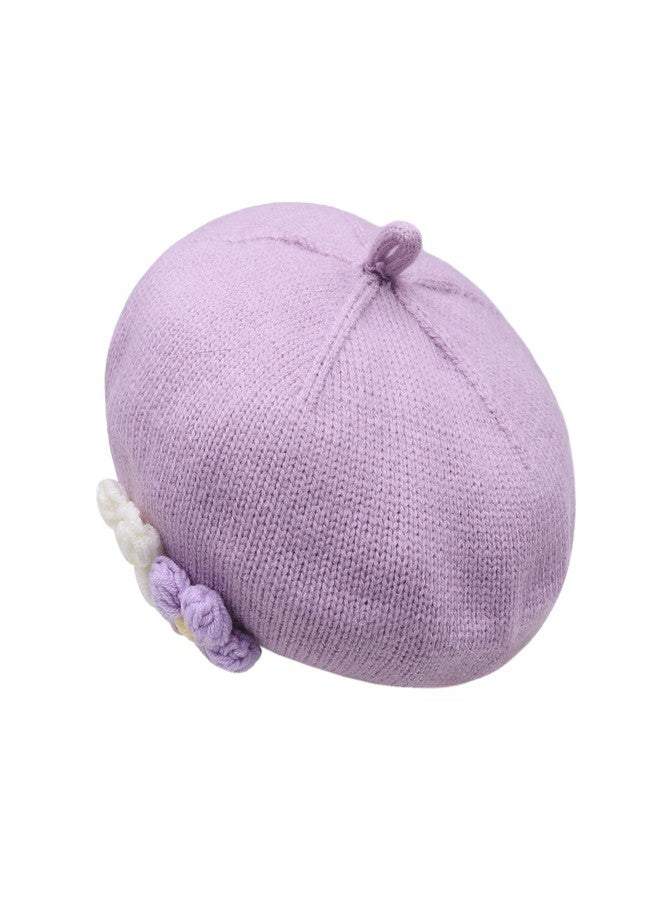 Caviotess Baby Beret Hat Toddler Girls Winter Warm Knit Beanie French Artist Bonnet Cap with Cute Flower Accent Purple - Image 5