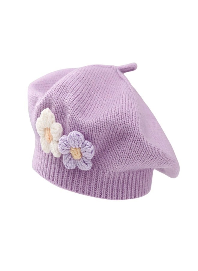 Caviotess Baby Beret Hat Toddler Girls Winter Warm Knit Beanie French Artist Bonnet Cap with Cute Flower Accent Purple - Image 1