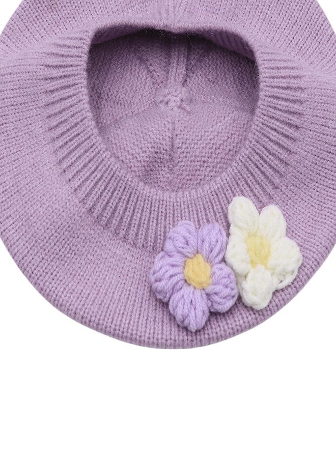 Caviotess Baby Beret Hat Toddler Girls Winter Warm Knit Beanie French Artist Bonnet Cap with Cute Flower Accent Purple - Image 4