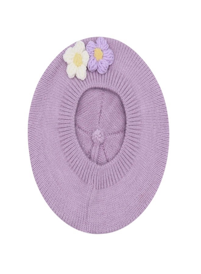 Caviotess Baby Beret Hat Toddler Girls Winter Warm Knit Beanie French Artist Bonnet Cap with Cute Flower Accent Purple - Image 2
