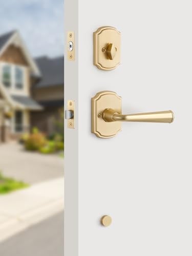 SORWDUERM 1 Pack Gold Front Door Handle and Deadbolt Set Reversible Brushed Brass Lever Entry Lock Handleset with Key Single Cylinder - Image 3