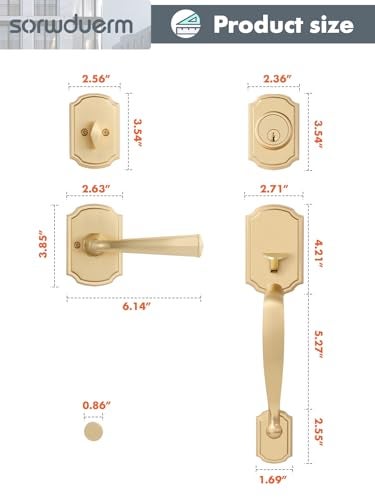 SORWDUERM 1 Pack Gold Front Door Handle and Deadbolt Set Reversible Brushed Brass Lever Entry Lock Handleset with Key Single Cylinder - Image 5