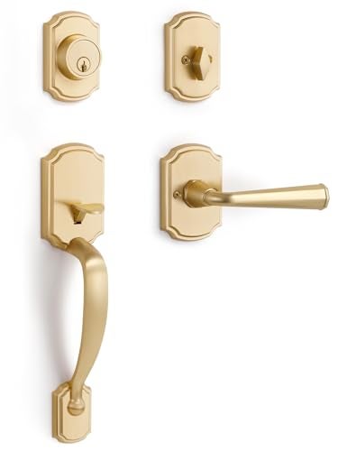 SORWDUERM 1 Pack Gold Front Door Handle and Deadbolt Set Reversible Brushed Brass Lever Entry Lock Handleset with Key Single Cylinder - Image 1