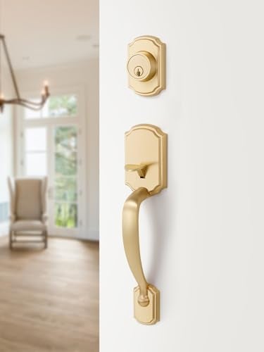 SORWDUERM 1 Pack Gold Front Door Handle and Deadbolt Set Reversible Brushed Brass Lever Entry Lock Handleset with Key Single Cylinder - Image 2