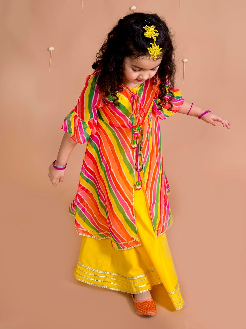 Pspeaches Girls Ethnic Cotton V-Neck 2 Piece Long Dress with Cape|Indo-Western for Kids Girls|Traditional & Festive Outfit 10-12 Year Yellow & Multicolor - Image 2