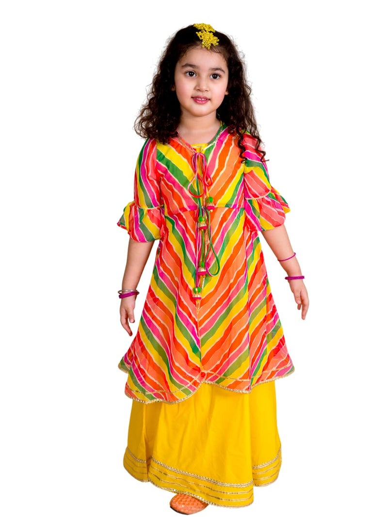 Pspeaches Girls Ethnic Cotton V-Neck 2 Piece Long Dress with Cape|Indo-Western for Kids Girls|Traditional & Festive Outfit 10-12 Year Yellow & Multicolor - Image 5
