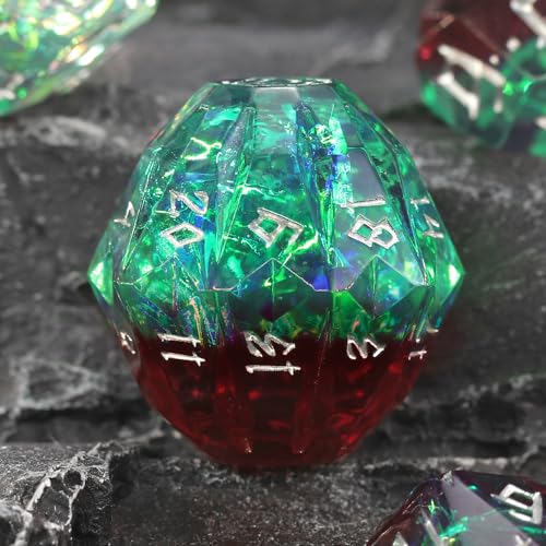 FONVGOGO مجموعة نرد FONVGOGO من الراتنج لنرد DND لمغامرات الزنزانات والتنانين مع صندوق نرد متعدد الأوجه 7 قطع للعب الأدوار باللون الأخضر والفضي - Image 1