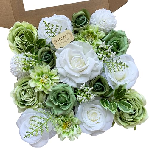 FACINOC Rose Artificial Flowers White Fake Flower Bulk for DIY Wedding Bouquet Bridal Baby Shower Decorations Party Table Centerpieces Cake Decorating Silk Floral Arrangement Home Decor Indoor Green - Image 1