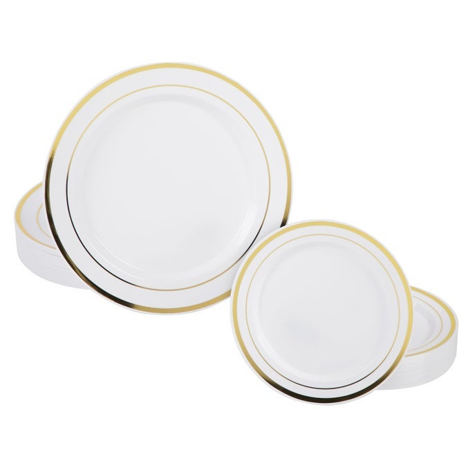 50PIECE PLASTIC PLATES DISPOSABLE SET WHITE WITH GOLD RIMMED PLASTIC PLATE FOR PARTIES HOLIDAYS WEDDINGS INCLUDES 25 DINNER PLATES AND 25 SMALL SALAD PLATTER IDEAL THANKSGIVING PLATE
