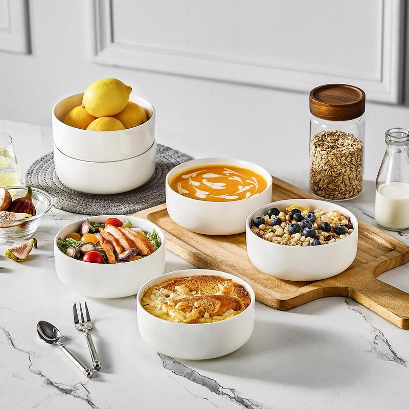 MALACASA 24 OZ Cereal Bowls Porcelain Soup Oatmeal Bowls Set of 6 Kitchen Ceramic Serving Bowl Dishwasher Microwave Oven Safe White Series LUNA - Image 5