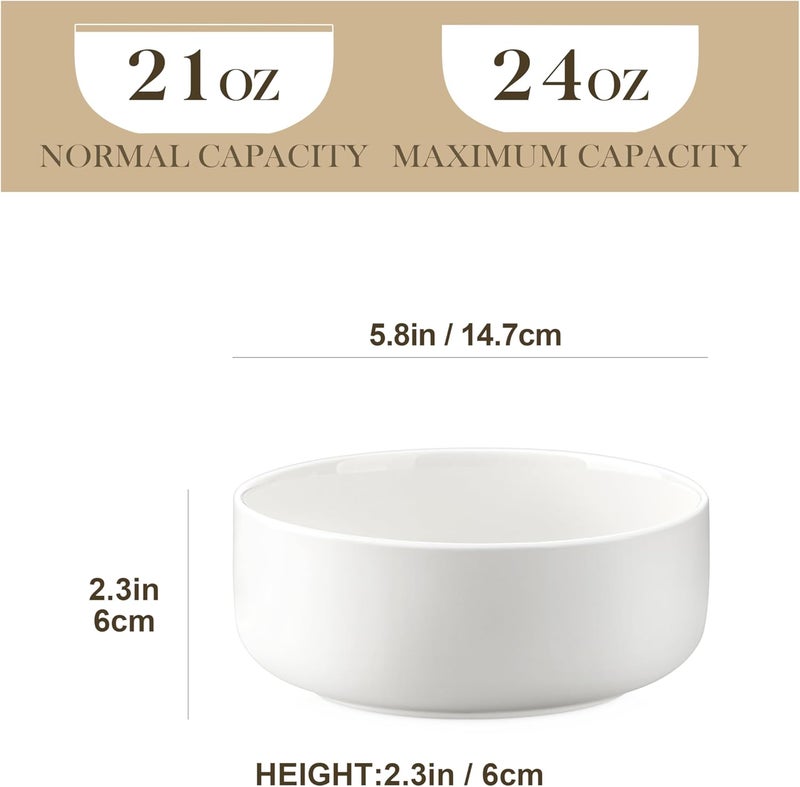MALACASA 24 OZ Cereal Bowls Porcelain Soup Oatmeal Bowls Set of 6 Kitchen Ceramic Serving Bowl Dishwasher Microwave Oven Safe White Series LUNA - Image 2