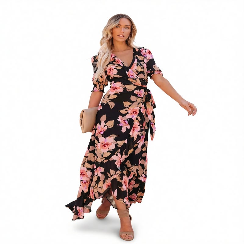 Women's V-Neck Short Sleeve Midi Dress with Floral Print - Image 1