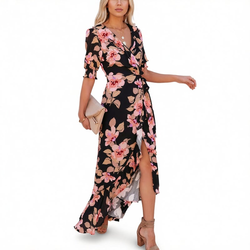 Women's V-Neck Short Sleeve Midi Dress with Floral Print - Image 2
