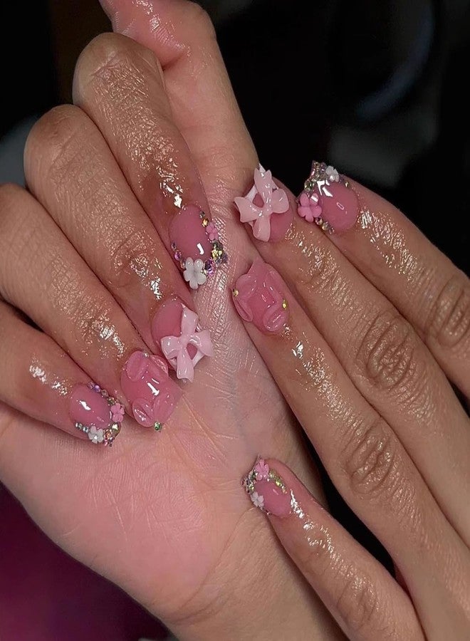 CTTHNBD Pink Square Short False Nails, Flowers False Nails with 3D Bow Pendants Design, Cute Acrylic Nails, Rhinestones, Shiny, Full Coverage, Adhesive Nails for Women, - Image 1