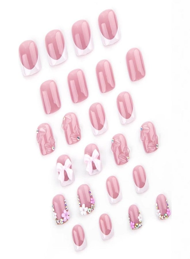 CTTHNBD Pink Square Short False Nails, Flowers False Nails with 3D Bow Pendants Design, Cute Acrylic Nails, Rhinestones, Shiny, Full Coverage, Adhesive Nails for Women, - Image 3
