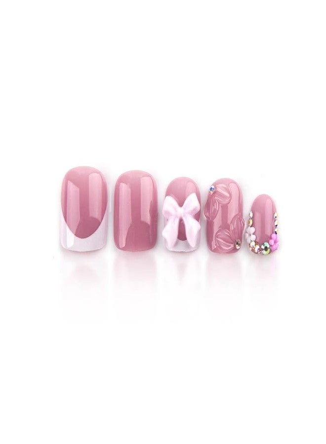 CTTHNBD Pink Square Short False Nails, Flowers False Nails with 3D Bow Pendants Design, Cute Acrylic Nails, Rhinestones, Shiny, Full Coverage, Adhesive Nails for Women, - Image 5