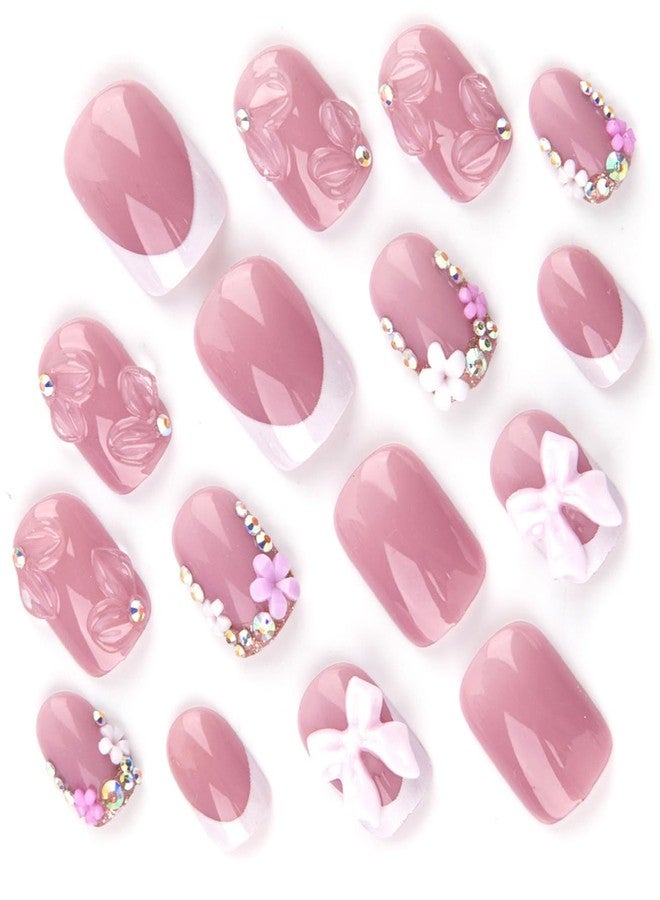 CTTHNBD Pink Square Short False Nails, Flowers False Nails with 3D Bow Pendants Design, Cute Acrylic Nails, Rhinestones, Shiny, Full Coverage, Adhesive Nails for Women, - Image 2