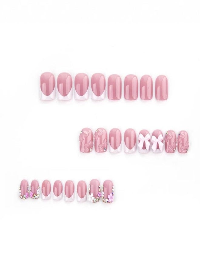 CTTHNBD Pink Square Short False Nails, Flowers False Nails with 3D Bow Pendants Design, Cute Acrylic Nails, Rhinestones, Shiny, Full Coverage, Adhesive Nails for Women, - Image 4