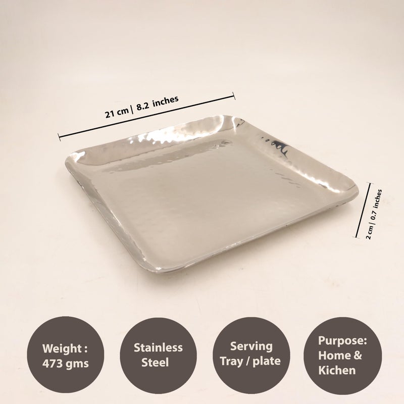 Spillbox Stainless Steel Serving Tray|Serve Plain Tray|Food Grade Material| BPA Free |Dinnerware |Mirror Finish|Square Platter |[Length:21cm Weight: 480gm]-SS Hammered SQ Tray(Medium) - Image 5