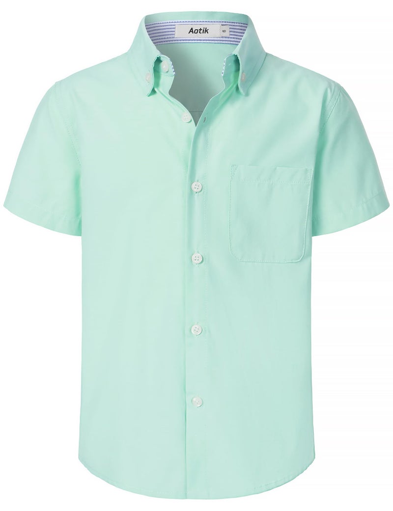 AOTIK Boys Oxford Button Down Shirt Short Sleeve Formal Uniform Dress Shirts with Pocket 12 Grass Green - Image 1