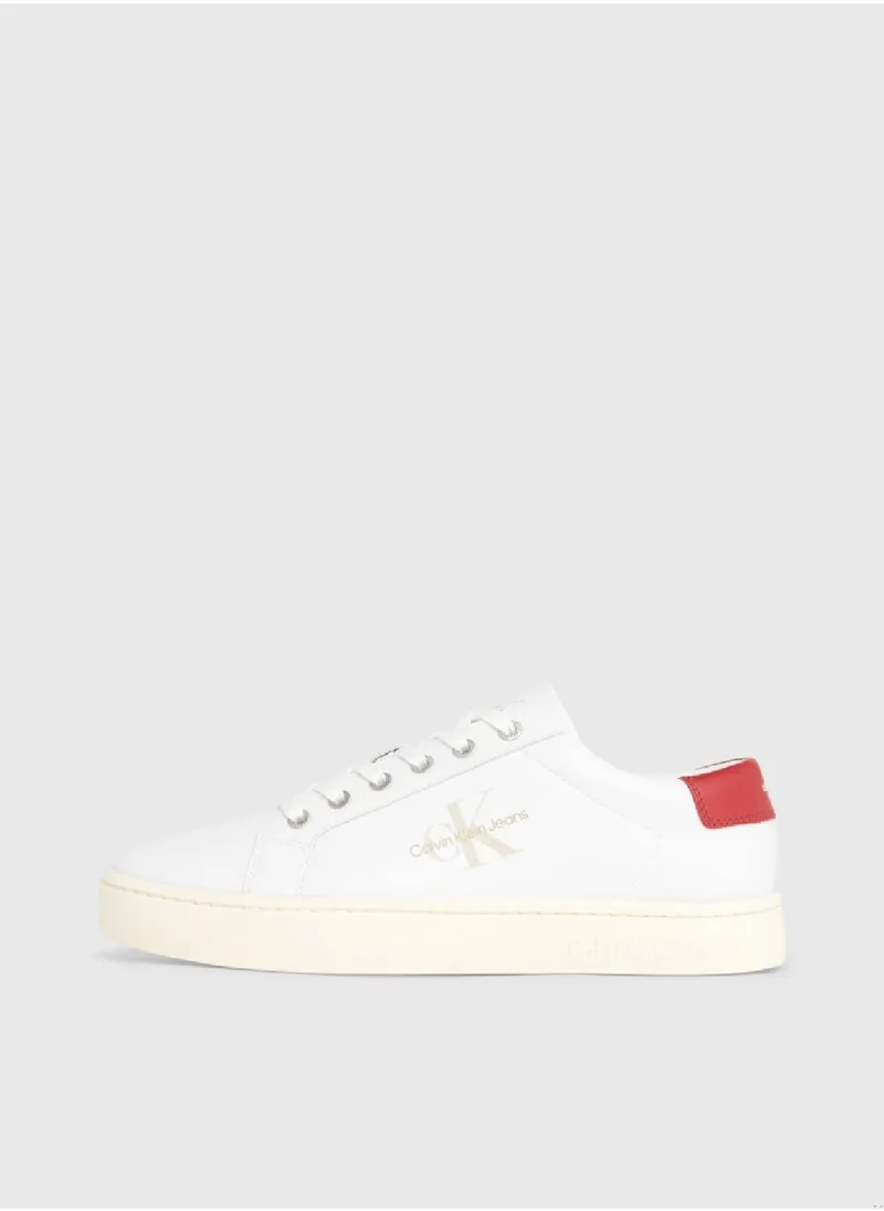 Calvin Klein Jeans Men's Leather Trainers -  recycled and bio-based blend leather upper , White/ Red