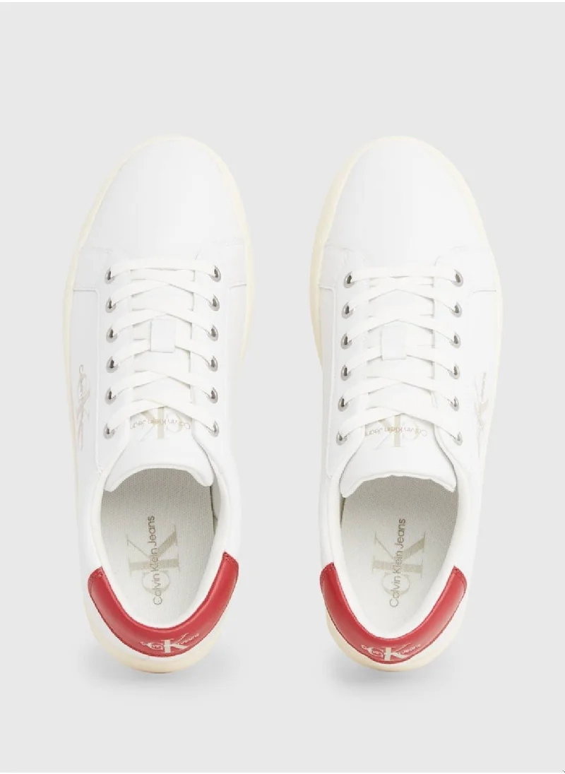 Calvin Klein Jeans Men's Leather Trainers -  recycled and bio-based blend leather upper , White/ Red