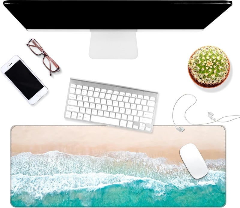 Dynippy Thin Extended Gaming Mouse Pad （31.5 * 11.8 * 0.08 inch） with Stitched Edges Large Mousepad Long XXL Keyboard and Mouse pad Desk Mat for Gaming Office & Home - Blue Sandy Beach - Image 3