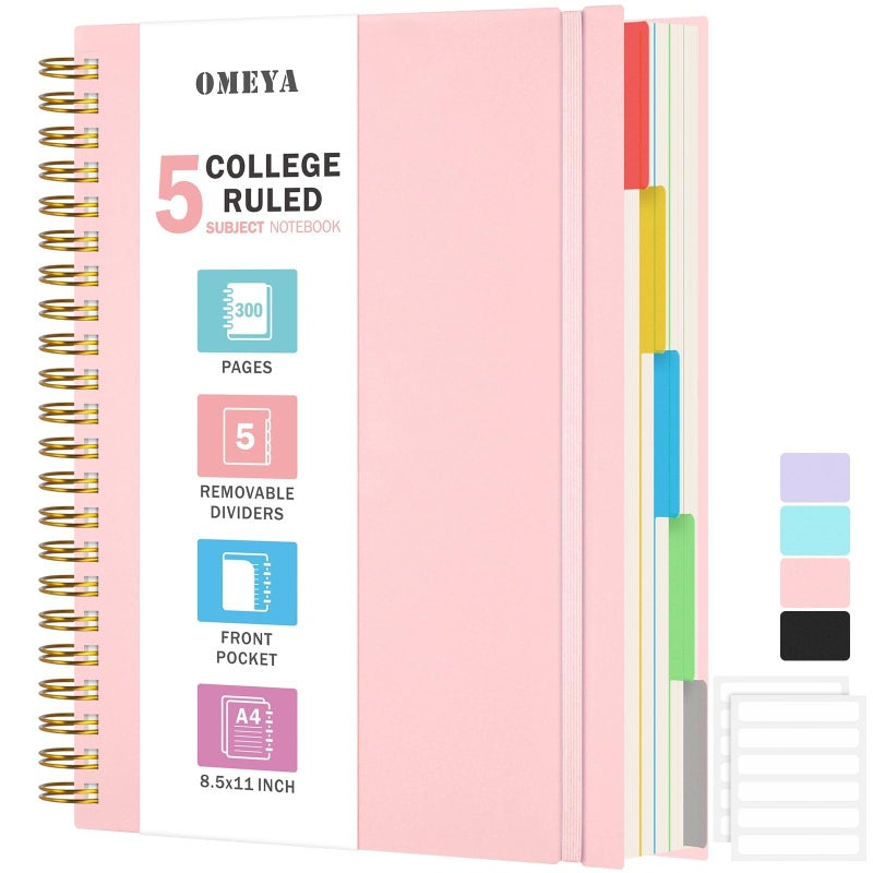 OMEYA دفتر ملاحظات حلزوني 8.5" × 11"، دفاتر 5 مواد دراسية مقسمة بقواعد كلية مع فواصل قابلة للإزالة، 300 صفحة 100GSM سميك دفتر كتابة حلزوني للنساء والرجال، دفاتر ملاحظات كبيرة A4 مخططة للعمل والمدرسة - Image 1