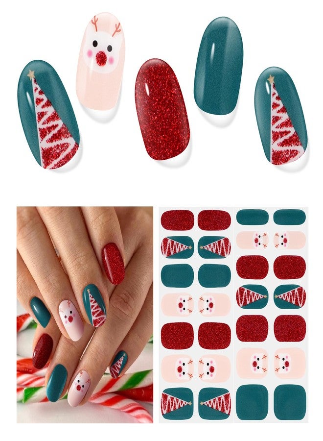 DUKASOU Semi Cured Gel Nail Strips,28 pcs Christmas Nail Stickers Full Nail Wraps,Long Lasting Gel Nail Strips with Any UV Light,Red Green Christmas Sticker for Nails Easy to Apply - Image 1