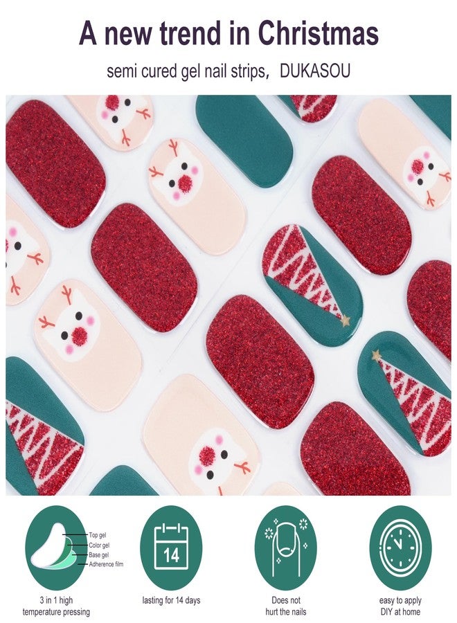 DUKASOU Semi Cured Gel Nail Strips,28 pcs Christmas Nail Stickers Full Nail Wraps,Long Lasting Gel Nail Strips with Any UV Light,Red Green Christmas Sticker for Nails Easy to Apply - Image 3