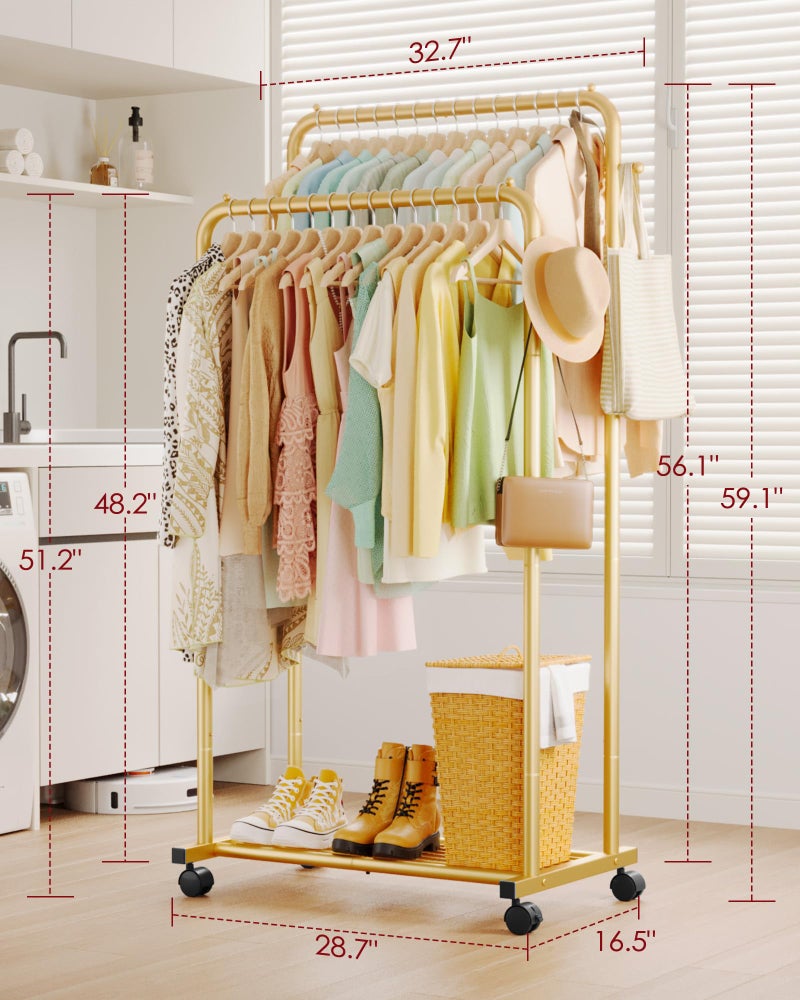 Sakugi Clothes Rack - Double Rods Clothing Rack with Mesh Shelf, Hooks & Wheels, Metal Clothing Racks for Hanging Clothes & Bags, Multifunctional Garment Rack for Laundry, Gold, 28.7" x 16.5" x 59.1" - Image 2