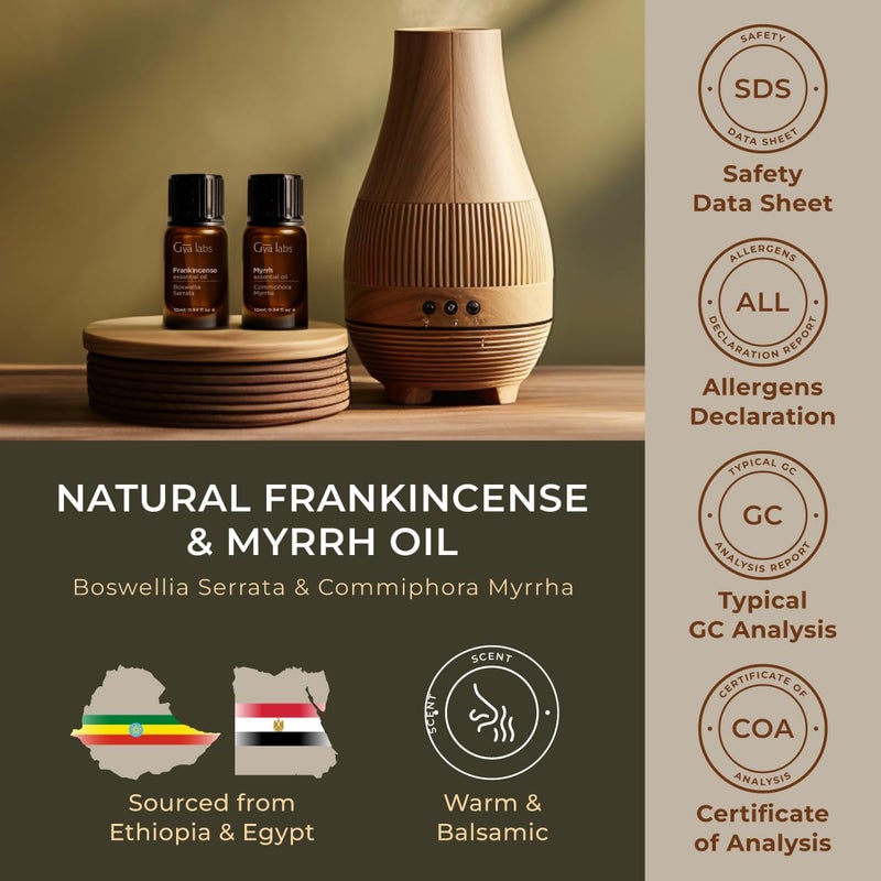Gya Labs Frankincense and Myrrh Essential Oil for Diffuser & Aches - 100% Pure Therapeutic Grade Frankincense and Myrrh Essential Oils for Skin & Candle Making (10ml x 2)