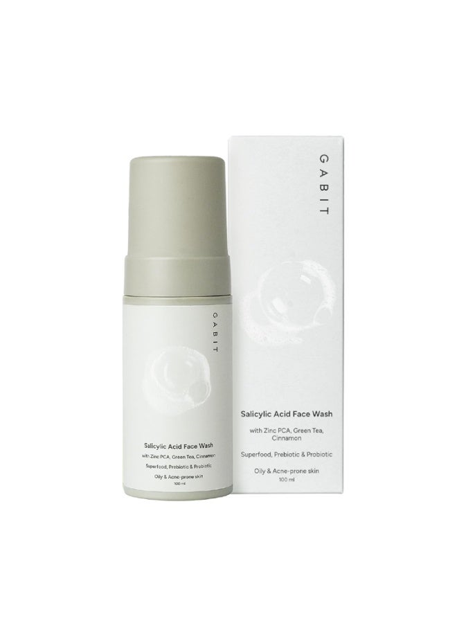 Gabit Salicylic Acid Face Wash for Oily, Acne Prone Skin | 1% Salicylic, Deeply Cleanse Pores, Exfoliates & Non-drying | Green Tea, Vit B5, Zinc PCA | For Men & Women | Free of Sulphates, Soap, 100 ml - Image 1